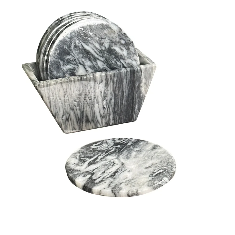 Vintage Grey Black White Marble Stone Coaster Set of 6 with Caddy
